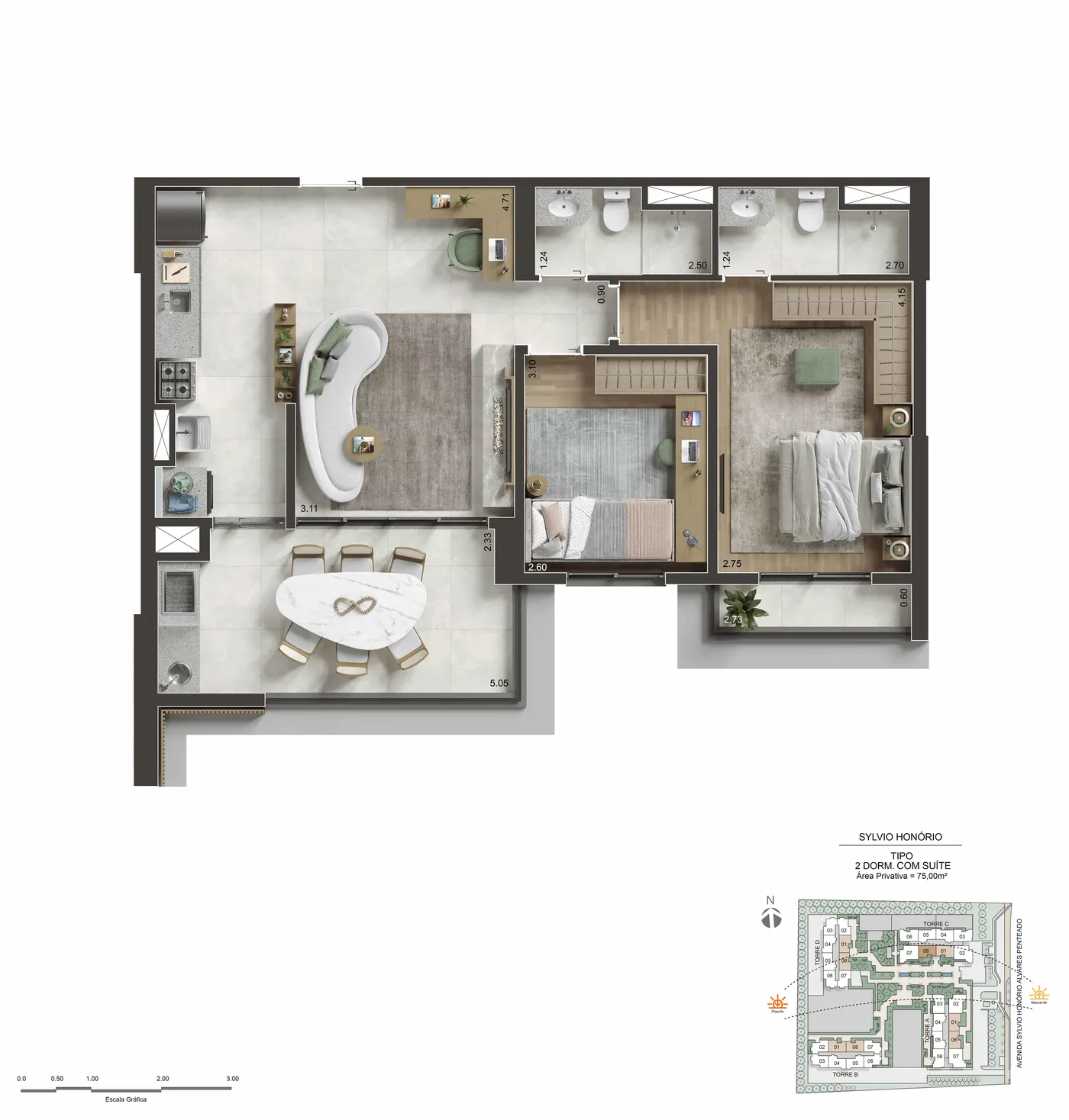 Planta do apartamento de 2 dormitórios com suíte do NID Alphaville, com cotas